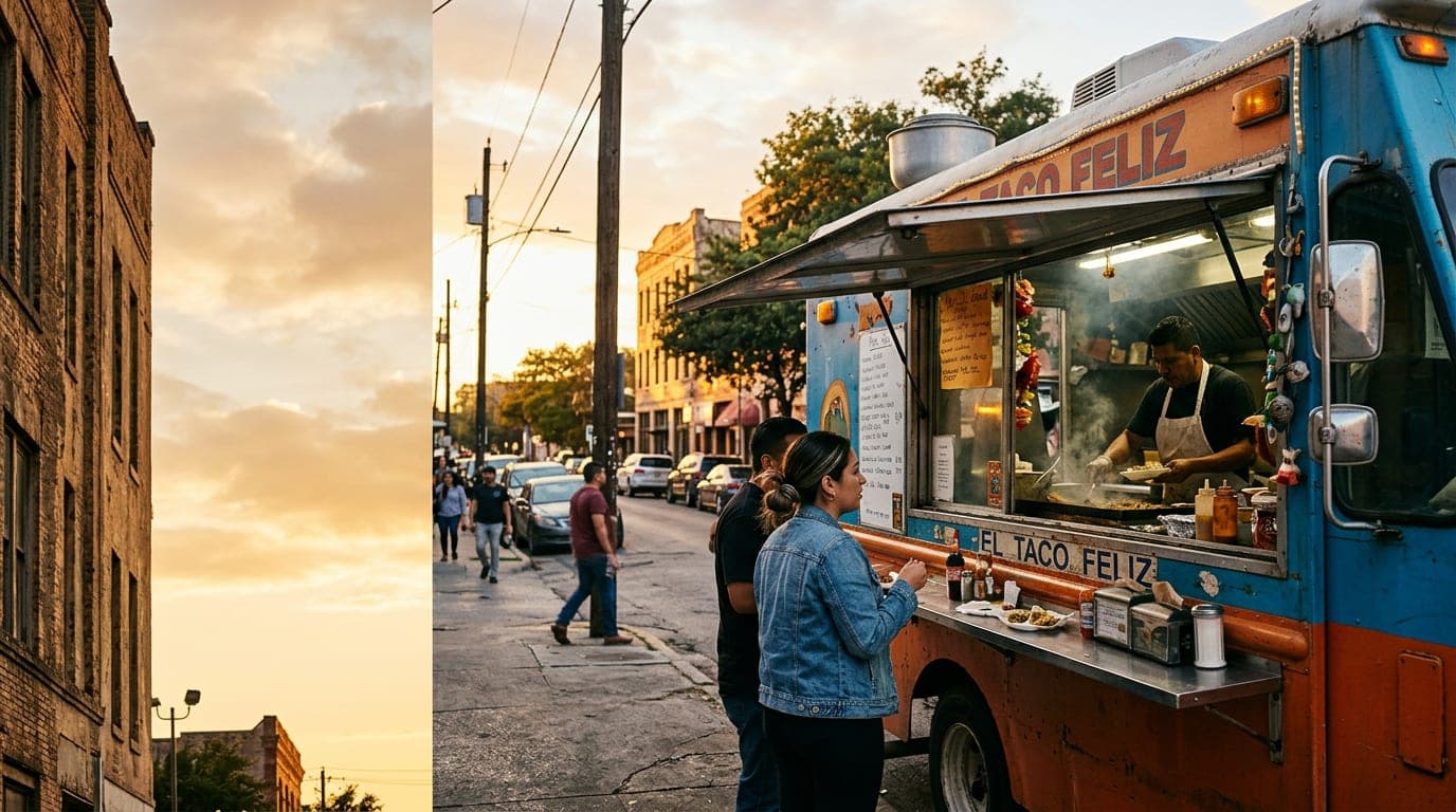 A taco truck with open serving window on a San Antonio street corner, customers visible at the counter.