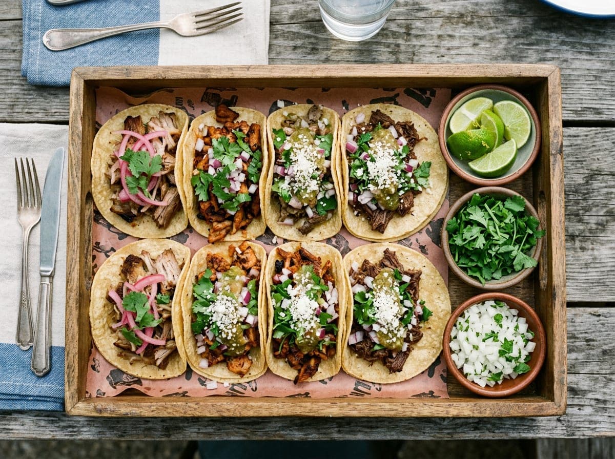 A flatlay of several tacos filled with meat and garnish, arranged on paper with lime wedges and fresh herbs.